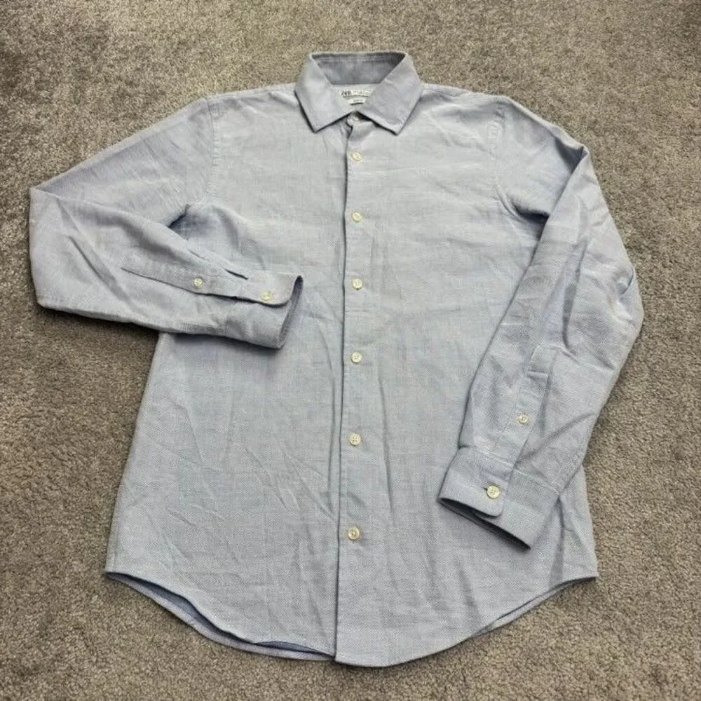 Zara Slim Fit Textured Dobby Cotton Dress Shirt Mens Small Blue Classic Wokrwear